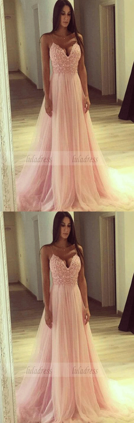 A line Tulle Party Dress,Spaghetti Straps Blush Pink Tulle Evening Dresses