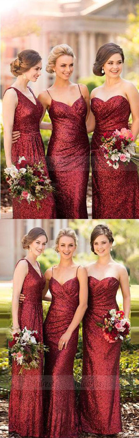 Sparkly Sheath Sleeveless Red Floor-Length Bridesmaid Dress with Sequins