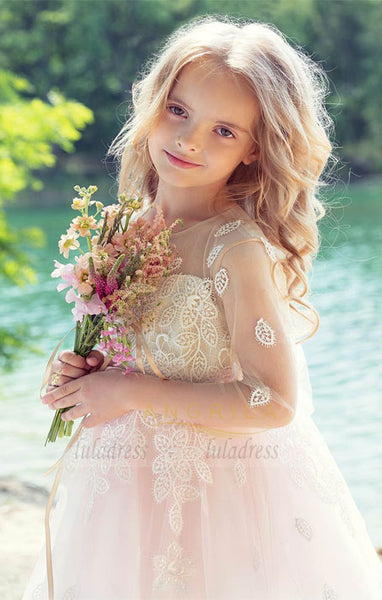 A-Line Flower Girl Dresses with 3/4 Illusion Lace Sleeves,BD99879
