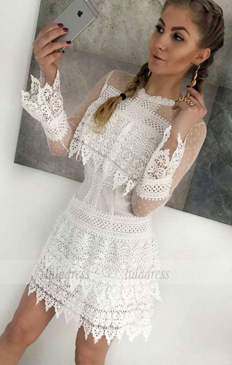 Sheath Crew Long Sleeves Short White Lace Homecoming Dress