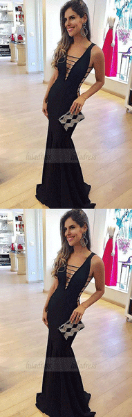 Simple black mermaid long prom dress, black evening dress,BD99948