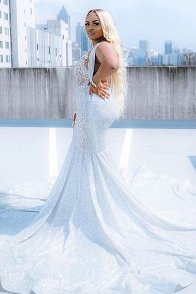 Elegant Long Sleeves Sky Blue Rhinestone Prom Dress Mermaid,PD21039