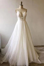 Lace V-neck Backless A-line Prom Dresses With Court Train, Party Dress