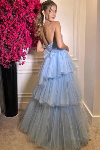 A-line Beautiful Blue Tiered Tulle Sweetheart Floor Length Prom Dresses,BD930723