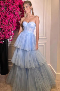 A-line Beautiful Blue Tiered Tulle Sweetheart Floor Length Prom Dresses,BD930723