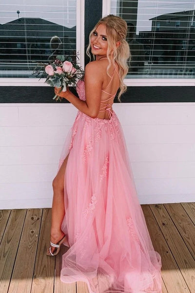 Beautiful Pink Tulle A-line Lace Backless Long Prom Dresses,BD930783