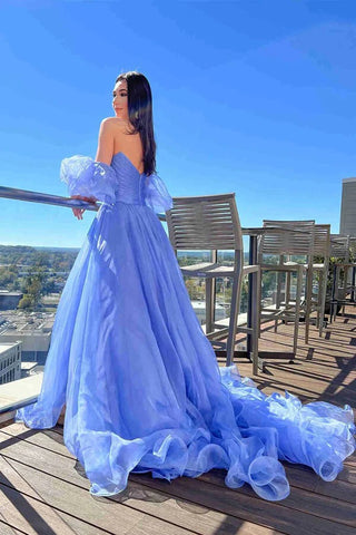 Beautiful Long Tulle A-line Blue Puff Sleeves Prom Dresses, Evening Dresses