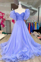 Beautiful Long Tulle A-line Blue Puff Sleeves Prom Dresses, Evening Dresses