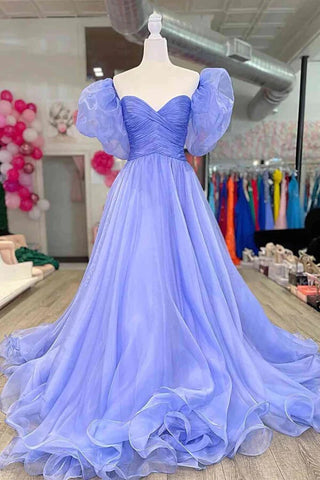 Beautiful Long Tulle A-line Blue Puff Sleeves Prom Dresses, Evening Dresses