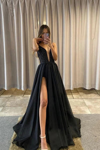 V-neck Black Sequins A-line Detachable Skirt Prom Dresses,BD930730