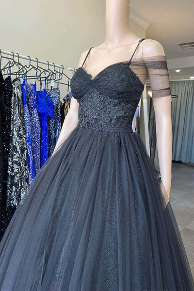 A-line Black Tulle Cold-Shoulder Sweetheart Prom Dresses, Evening Dresses,BD930732