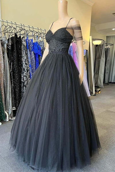 A-line Black Tulle Cold-Shoulder Sweetheart Prom Dresses, Evening Dresses,BD930732