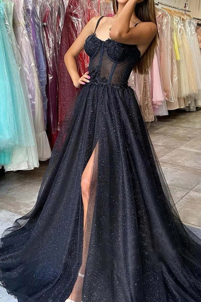 Black Tulle Sweetheart A-line Spaghetti Straps Prom Dresses,BD930779