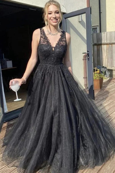 V-neck Black Tulle A-line Prom Dresses With Lace Appliques, Evening Dresses,BD930742