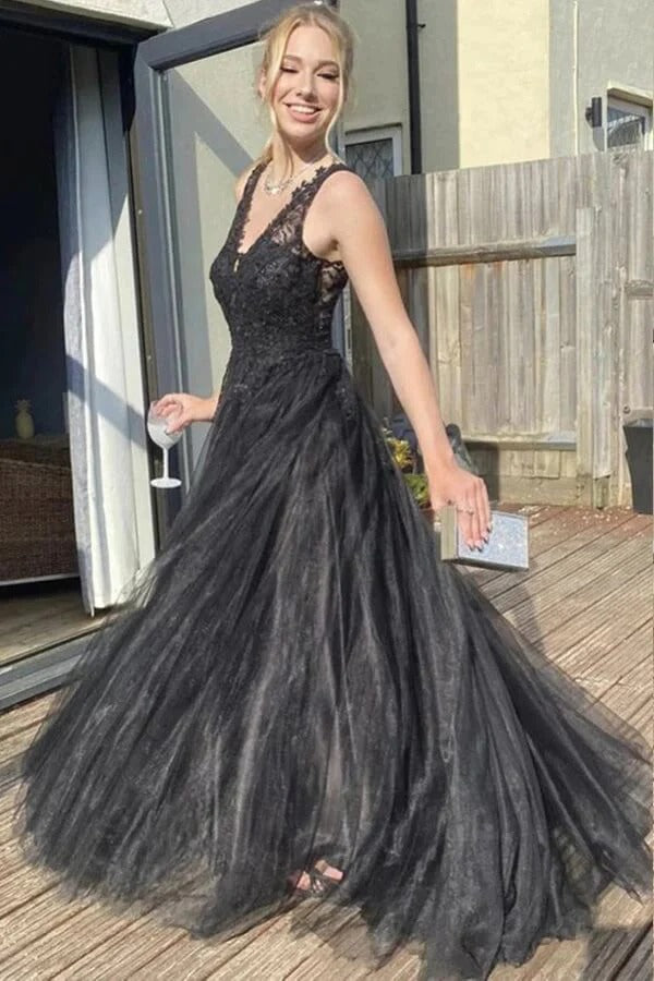 V-neck Black Tulle A-line Prom Dresses With Lace Appliques, Evening Dresses,BD930742