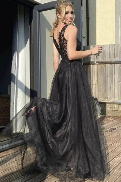 V-neck Black Tulle A-line Prom Dresses With Lace Appliques, Evening Dresses,BD930742