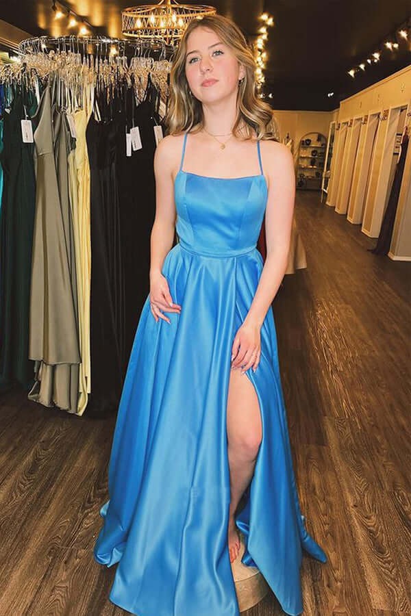 Spaghetti Straps Satin Side Slit Blue A-line Prom Dresses, Evening Dresses,BD930738