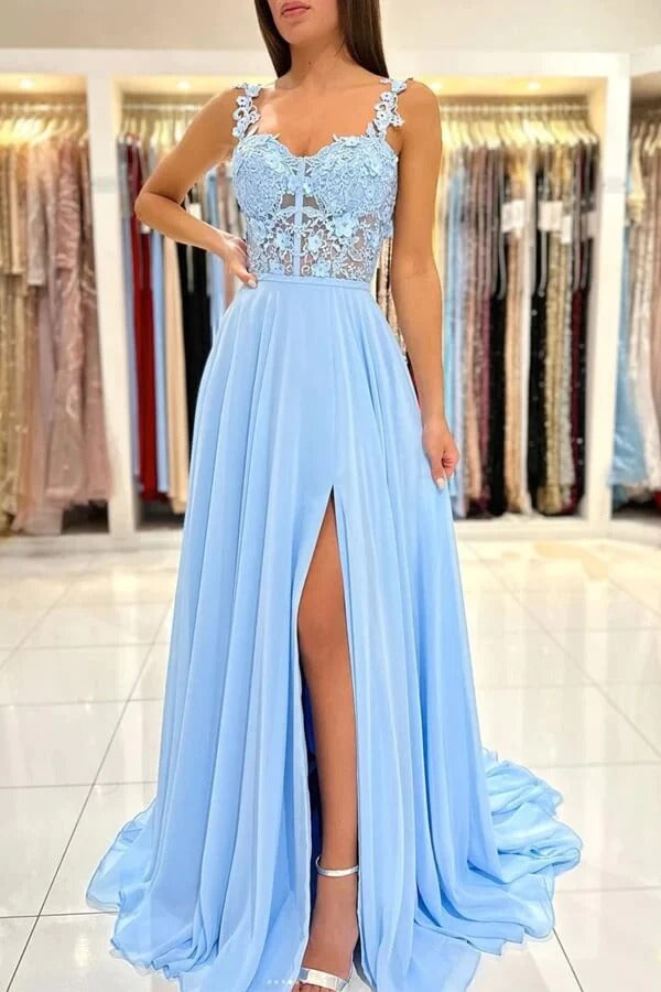 Blue Chiffon A-line Prom Dresses With Lace Appliques, Evening dresses,BD930720