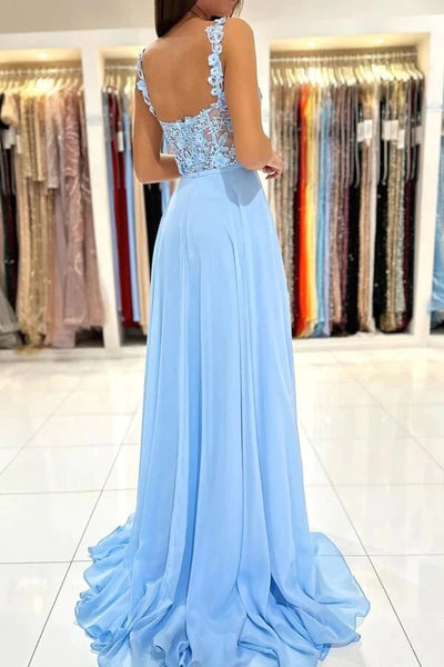 Blue Chiffon A-line Prom Dresses With Lace Appliques, Evening dresses,BD930720