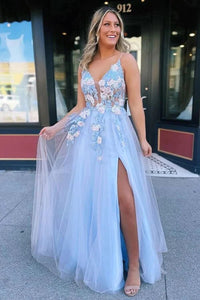 V-neck Lace Flowers Blue Tulle A-line Long Prom Dresses, Evening Dress,BD930760