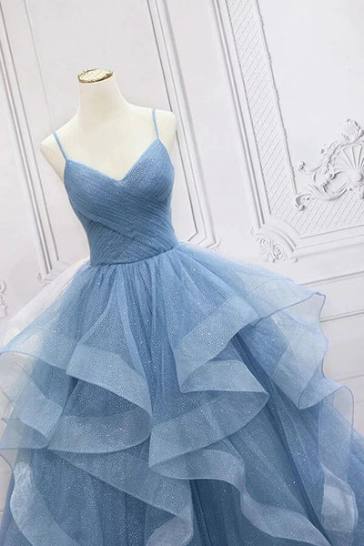 A-line Blue Tulle V-neck Sequins Sparkly Prom Dresses, Long Formal Dresses,BD930768