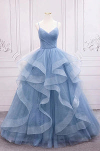 A-line Blue Tulle V-neck Sequins Sparkly Prom Dresses, Long Formal Dresses,BD930768
