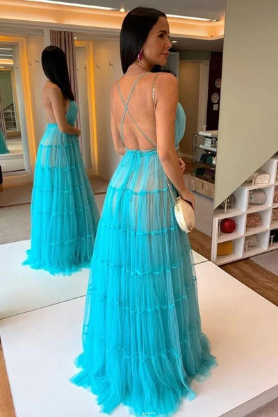 V-neck Floor Length Blue Tulle Tiered A-line Prom Dresses, Evening Dresses,BD930756
