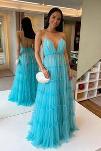 V-neck Floor Length Blue Tulle Tiered A-line Prom Dresses, Evening Dresses,BD930756