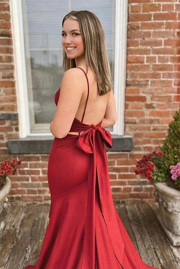 Mermaid Burgundy Satin Backless V-neck Prom Dresses, Evening Dresses