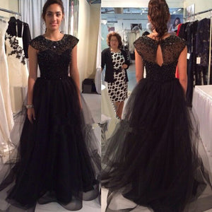 black Prom Dresses,long prom dress,A-line prom Dress,cap sleeves prom dress,charming prom gown,BD2978