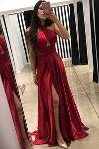 Dark Red A-line Cross Neck Floor-Length Long Prom Dresses With Side Slit,BD930775