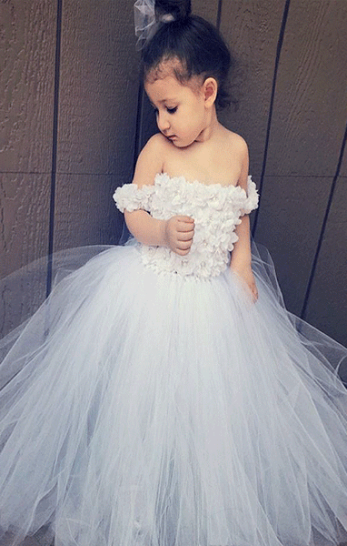 A-Line Off-the-Shoulder White Tulle Flower Girl Dress with Flowers,BW97230