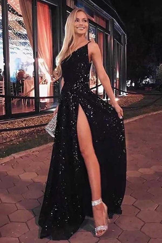 Glitter Black One Shoulder A-line Prom Dresses, Evening Dresses With Split,BD930769