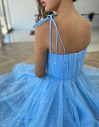 Tulle Blue Sweetheart Prom Dresses Homecoming Dresses with Stars