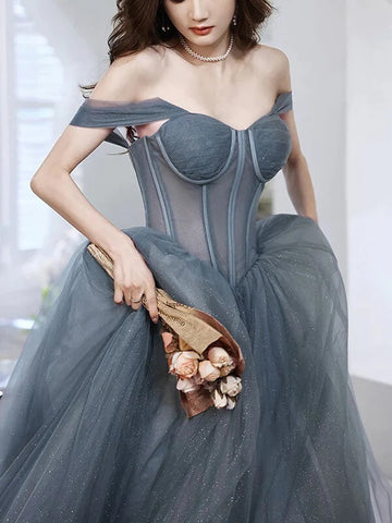 Gray Tulle Off the Shoulder Long A-line Prom Dresses, Evening Dresses