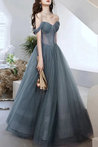 Gray Tulle Off the Shoulder Long A-line Prom Dresses, Evening Dresses,BD930764
