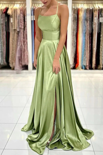 Simple Green Satin A-line Backless Prom Dresses, Party Dresses,BD930728