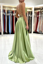 Simple Green Satin A-line Backless Prom Dresses, Party Dresses