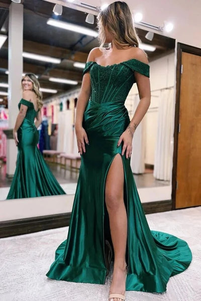 Off Shoulder Green Satin Lace Mermaid Prom Dresses, Evening Dresses,BD930740
