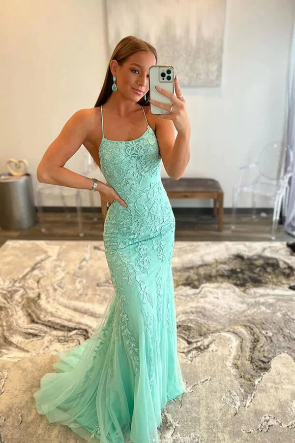 Lace Appliques Green Tulle Mermaid Long Prom Dresses, Evening Dresses,BD930753