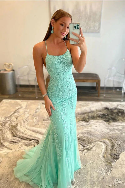 Lace Appliques Green Tulle Mermaid Long Prom Dresses, Evening Dresses,BD930753