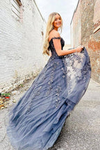 Lace Appliques Grey A-line Sweetheart Prom Dresses, Evening Dresses