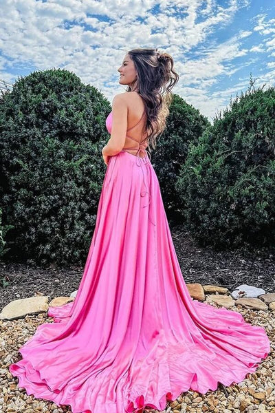 Hot Pink Satin Scoop Long A-line Prom Dresses, Evening Dress,BD930774