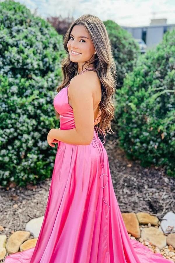 green emerald velvet dress Hot Pink Satin Scoop Long A-Line Prom Dresses, Evening Dress Pic Color / US8