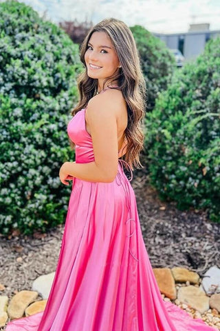 Hot Pink Satin Scoop Long A-line Prom Dresses, Evening Dress