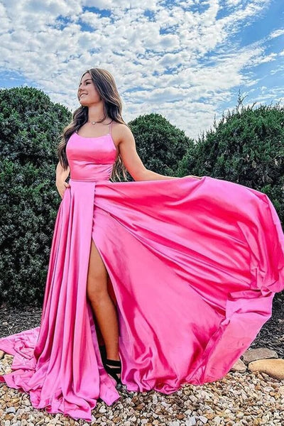 Hot Pink Satin Scoop Long A-line Prom Dresses, Evening Dress,BD930774