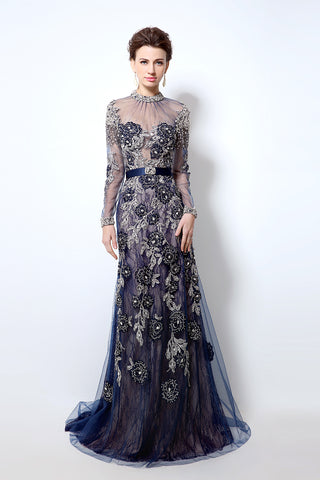 Navy Long Sleeves Formal Prom Dresses Long Evening Dress, BS02