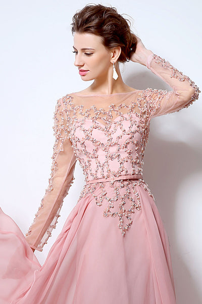 Pink Long Sleeves Chiffon Evening Dress Beaded Charming Prom Dress, BS06