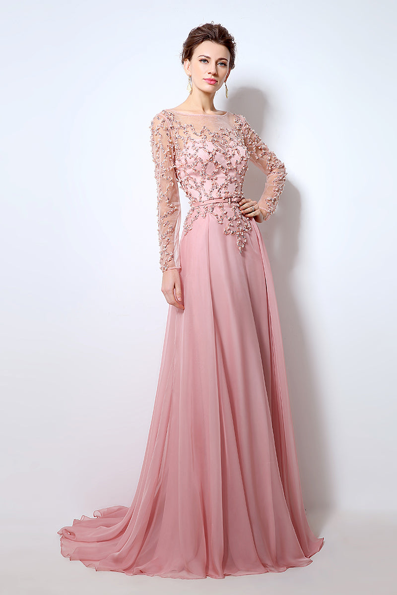 Pink Long Sleeves Chiffon Evening Dress Beaded Charming Prom Dress, BS