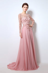 Pink Long Sleeves Chiffon Evening Dress Beaded Charming Prom Dress, BS06